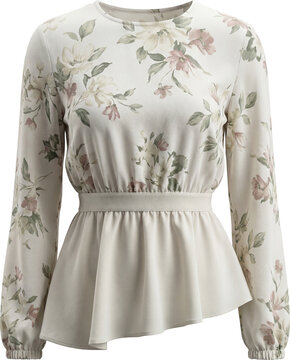 Long-sleeve peplum top with a floral print and elastic waist