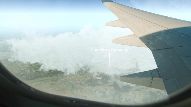 Airplane Flying over Frankfurt, Germany and Clouds. Aerial Airplane scenes. Jet Flying Over City. Aerial City Animation, Vox Style Map Animation 4K