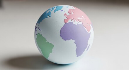 A globe with different colored continents, placed on a white surface with a shadow.