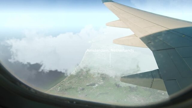 Airplane Flying over Amsterdam, Netherlands and Clouds. Aerial Airplane scenes. Jet Flying Over City. Aerial City Animation, Vox Style Map Animation 4K