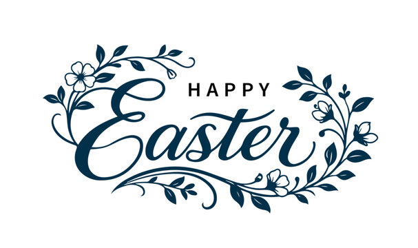 Happy Easter logo design with elegant floral flourishes and botanical leaf art