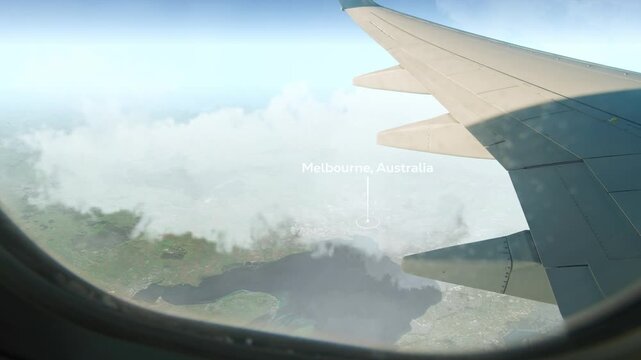 Airplane Flying over Melbourne, Australia and Clouds. Aerial Airplane scenes. Jet Flying Over City. Aerial City Animation, Vox Style Map Animation 4K