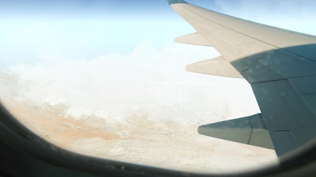 Airplane Flying over Riyadh, Saudi Arabia and Clouds. Aerial Airplane scenes. Jet Flying Over City. Aerial City Animation, Vox Style Map Animation 4K