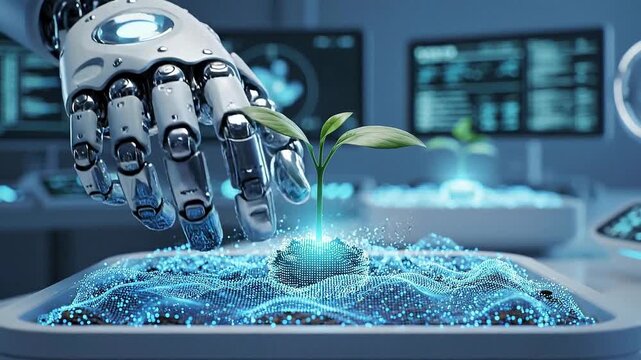 Robotic hand nurturing digital plant in laboratory setting showcasing advanced future tech concepts