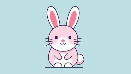 Obraz premium A cute pink cartoon rabbit sitting on a light blue background.