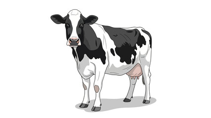A black and white cow stands on a white background. © Rendi