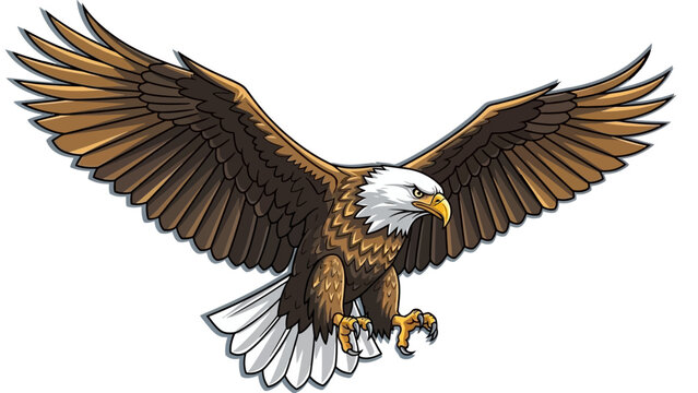 Vector illustration of a powerful bald eagle mascot swooping down with spread wings.
