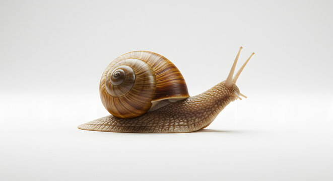 Snail slowly crawling on a surface with its shell visible from a side viewpoint in a simple environment, file reference 13546.JPG