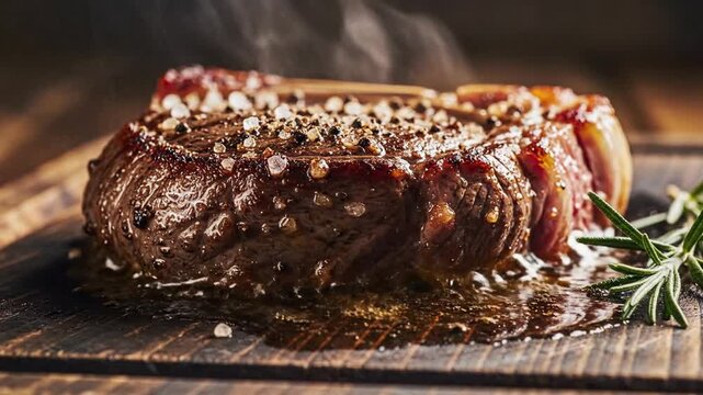 Close-up of a seasoned roast beef on a wooden cutting board with herbs and spices in a warm lighting setting.