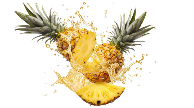 Fresh pineapple pieces with splash of vibrant yellow juice against transparent background