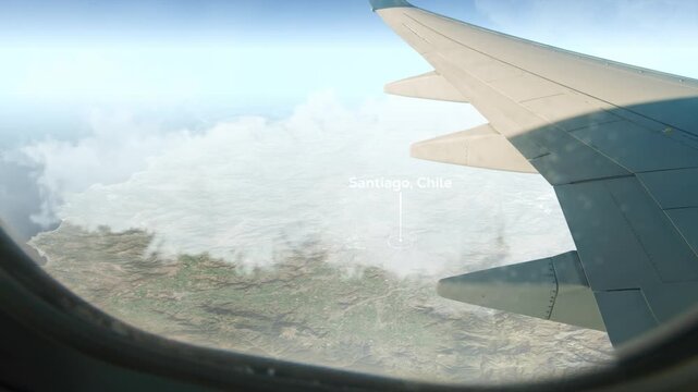 Airplane Flying over Santiago, Chile and Clouds. Aerial Airplane scenes. Jet Flying Over City. Aerial City Animation, Vox Style Map Animation 4K