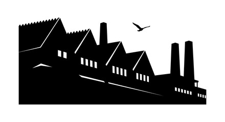 Fototapeta premium Industrial Factory Silhouette with Sawtooth Roof and Smokestacks