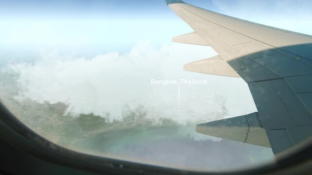 Airplane Flying over Bangkok, Thailand and Clouds. Aerial Airplane scenes. Jet Flying Over City. Aerial City Animation, Vox Style Map Animation 4K
