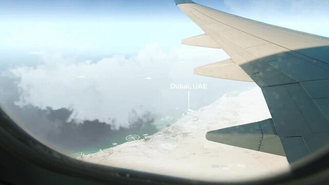 Airplane Flying over Dubai, UAE and Clouds. Aerial Airplane scenes. Jet Flying Over City. Aerial City Animation, Vox Style Map Animation 4K