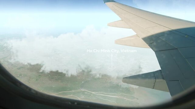 Airplane Flying over Ho Chi Minh City, Vietnam and Clouds. Aerial Airplane scenes. Jet Flying Over City. Aerial City Animation, Vox Style Map Animation 4K