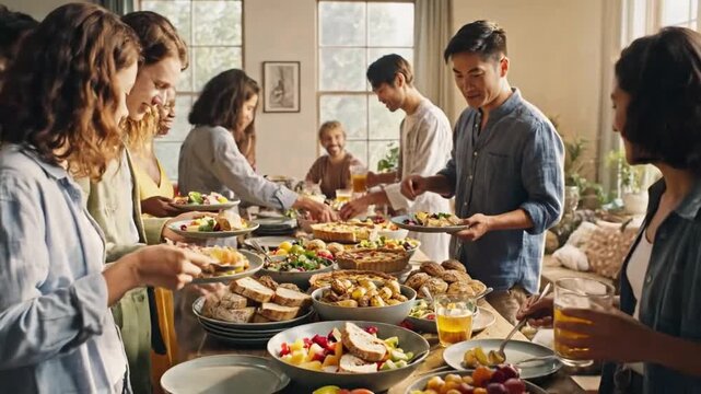 Friends Share Joyful Sunday Breakfast. Celebratory Easter Meal With Companions And Laughter. Luminous Apartment Hosts Delightful Brunch Where Friends Celebrate Easter With Food And Happiness