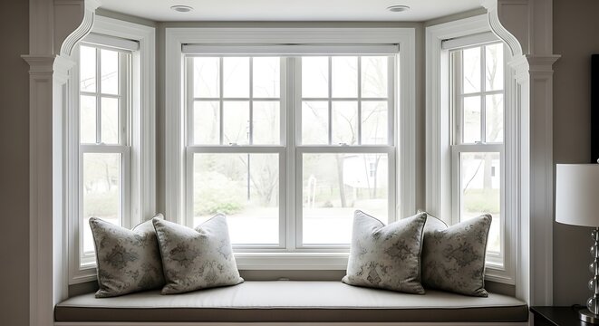 Bright interior bay window seat with white trim, pillows, and a view of trees outside