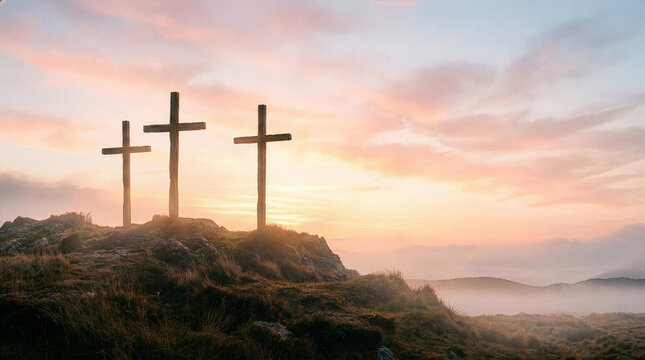 Three crosses on hill at dramatic dawn sky