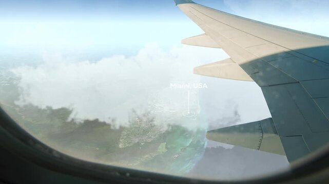 Airplane Flying over Miami, USA and Clouds. Aerial Airplane scenes. Jet Flying Over City. Aerial City Animation, Vox Style Map Animation 4K