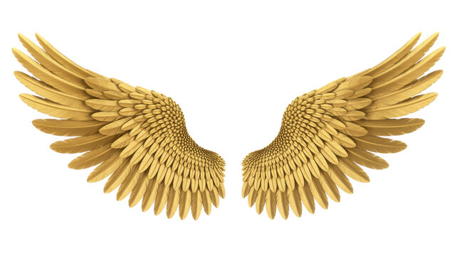 Golden angel wings with feathers isolated on a transparent background