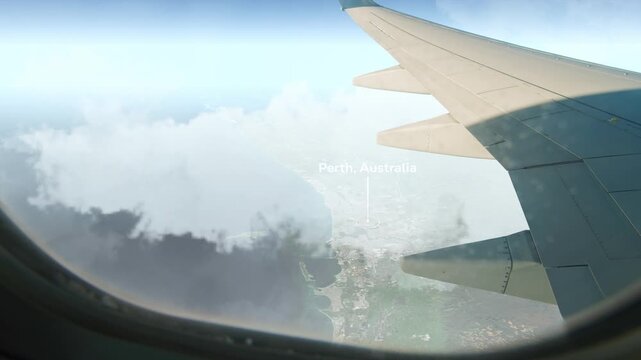 Airplane Flying over Perth, Australia and Clouds. Aerial Airplane scenes. Jet Flying Over City. Aerial City Animation, Vox Style Map Animation 4K