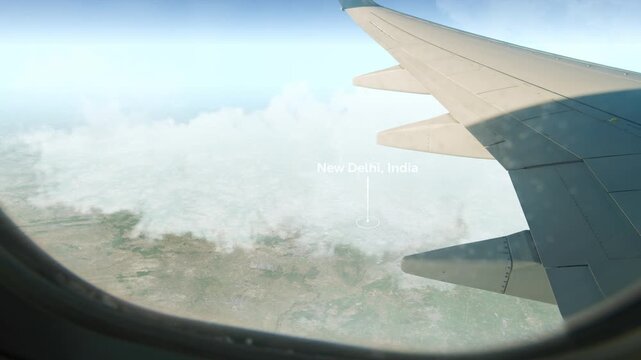 Airplane Flying over New Delhi, India and Clouds. Aerial Airplane scenes. Jet Flying Over City. Aerial City Animation, Vox Style Map Animation 4K