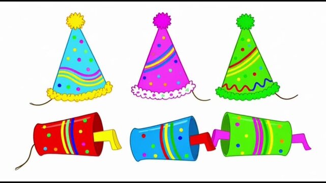 Colorful party hats and noisemakers for celebrations