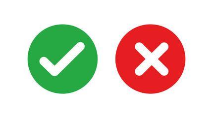 Vector approval and rejection icons collection including green check mark and red cross, correctness graphics, decision symbols, user interface design, educational illustration set