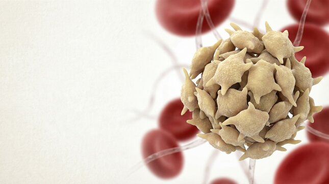 Microscopic view of thrombocytes aggregating near erythrocytes on white