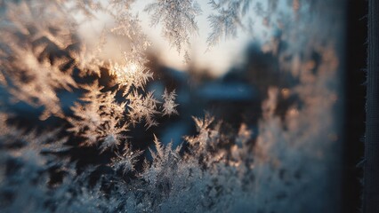 Icy window with frost crystals