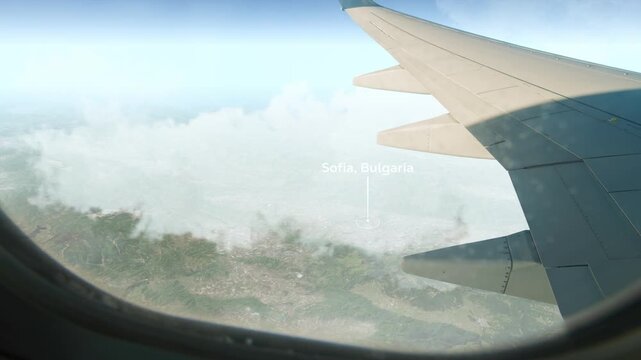 Airplane Flying over Sofia, Bulgaria and Clouds. Aerial Airplane scenes. Jet Flying Over City. Aerial City Animation &ndash; Vox Style Map Animation in 4K