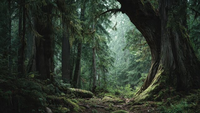 Lush green forest with a path in the foreground