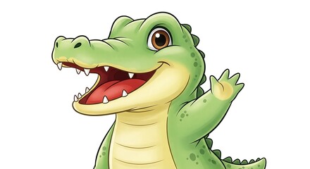 Obraz premium Cartoon alligator with friendly smile, waving, on white background
