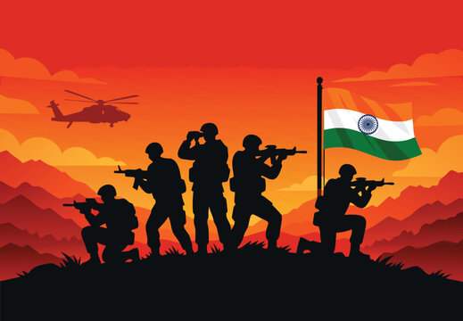Silhouetted indian soldiers stand guard with a waving flag against a vibrant sunset backdrop high-quality