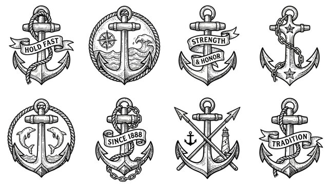 "Anchor designs vector illustration set with rope, crown, floral, star, and banner elements, vintage nautical tattoo style artwork for maritime, naval, and traditional themes"