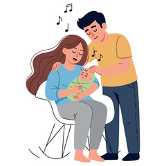 Obraz premium Caring parents singing lullaby to baby: young caucasian couple with infant in chair