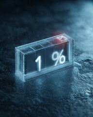 An abstract 3D render of a glowing battery icon showing 1% charge on a dark blue textured background.