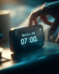 Close-up of a smartphone alarm clock showing "Monday 07:00 AM" on a bedside table.