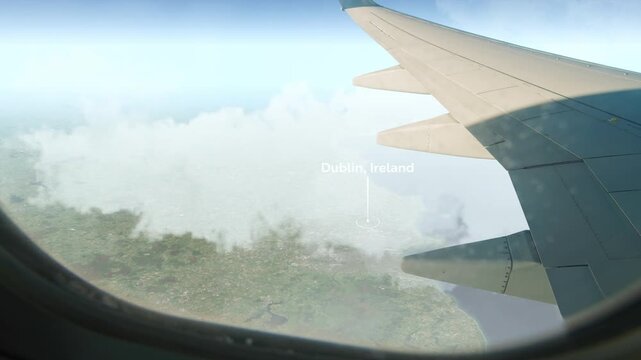 Airplane Flying over Dublin, Ireland and Clouds. Aerial Airplane scenes. Jet Flying Over City. Aerial City Animation &ndash; Vox Style Map Animation in 4K