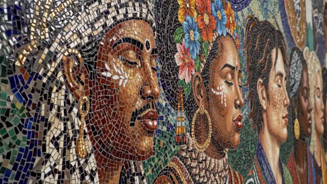 Mosaic art of diverse women with ornate headdresses and markings