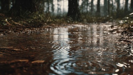 Obraz premium Raindrops falling into a puddle on a forest path