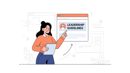 Obraz premium Female asian young adult presenting leadership guidelines with tablet