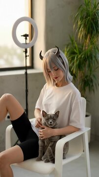 Young woman with silver hair and cat wearing devil horns indoors