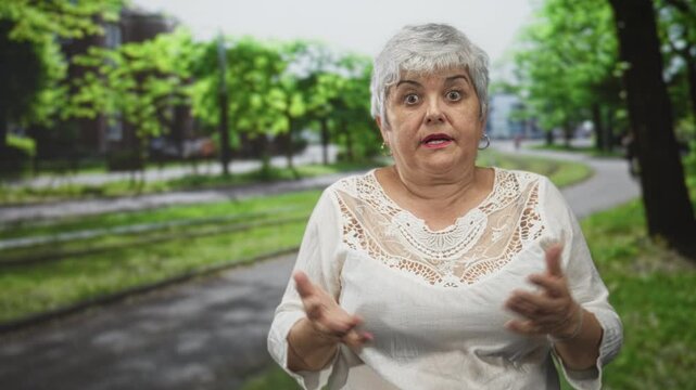 Woman with grey hair shrugs hands on street path beside tram tracks and trees, wearing white lace blouse and bracelet; confusion.