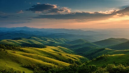 Fototapeta premium Rolling Green Hills Under Warm Sunset Light