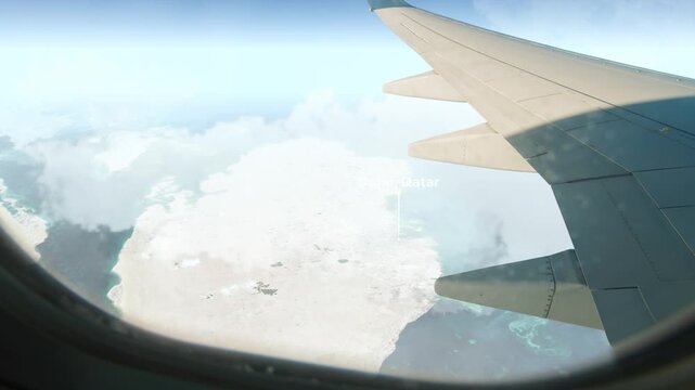 Airplane Flying over Doha, Qatar and Clouds. Aerial Airplane scenes. Jet Flying Over City. Aerial City Animation &ndash; Vox Style Map Animation in 4K