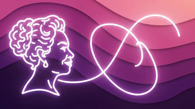 Neon glowing brain outline in human head on purple pink waves