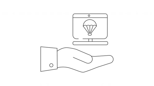 Hand Holding Computer with Parachute Icon - Digital Support Concept.