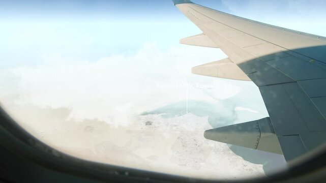 Airplane Flying over Kuwait City, Kuwait and Clouds. Aerial Airplane scenes. Jet Flying Over City. Aerial City Animation &ndash; Vox Style Map Animation in 4K