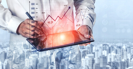 A businessman stands in an urban environment, analyzing data on a tablet. Visual graphs and statistics overlay the scene, symbolizing modern analytics and business strategy. Scalp © InfiniteFlow